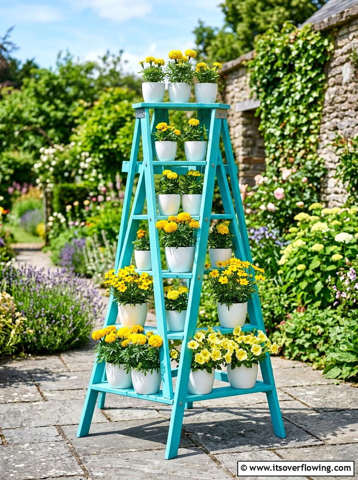 Colorful painted ladder planter - 25 upcycled garden ideas with ladder shelves