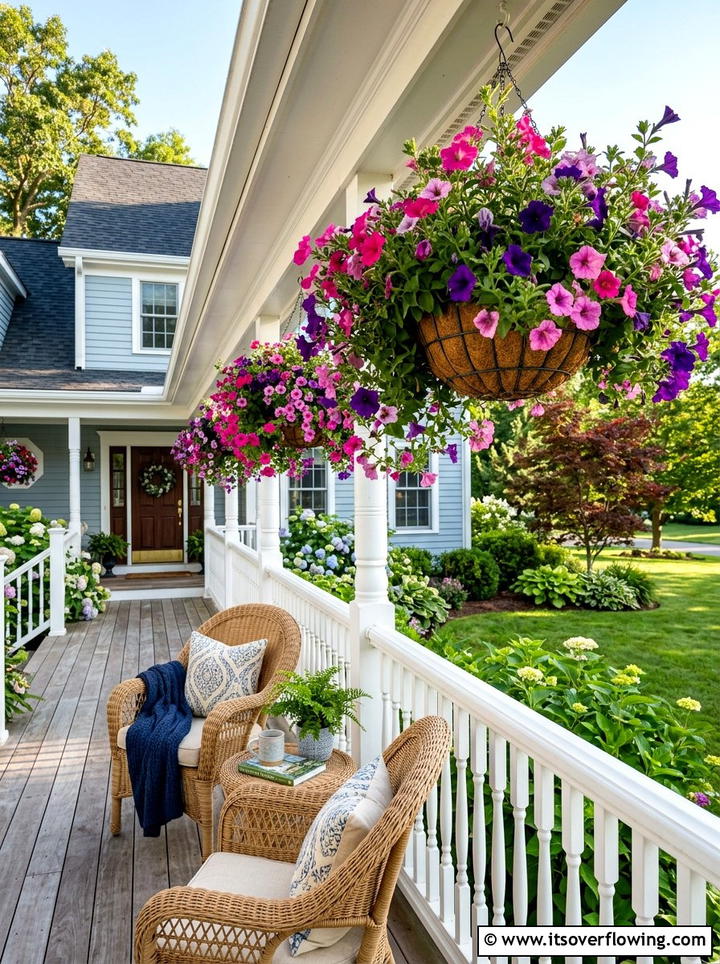 Colorful petunia hanging baskets porch - 25 cheap garden ideas with hanging baskets