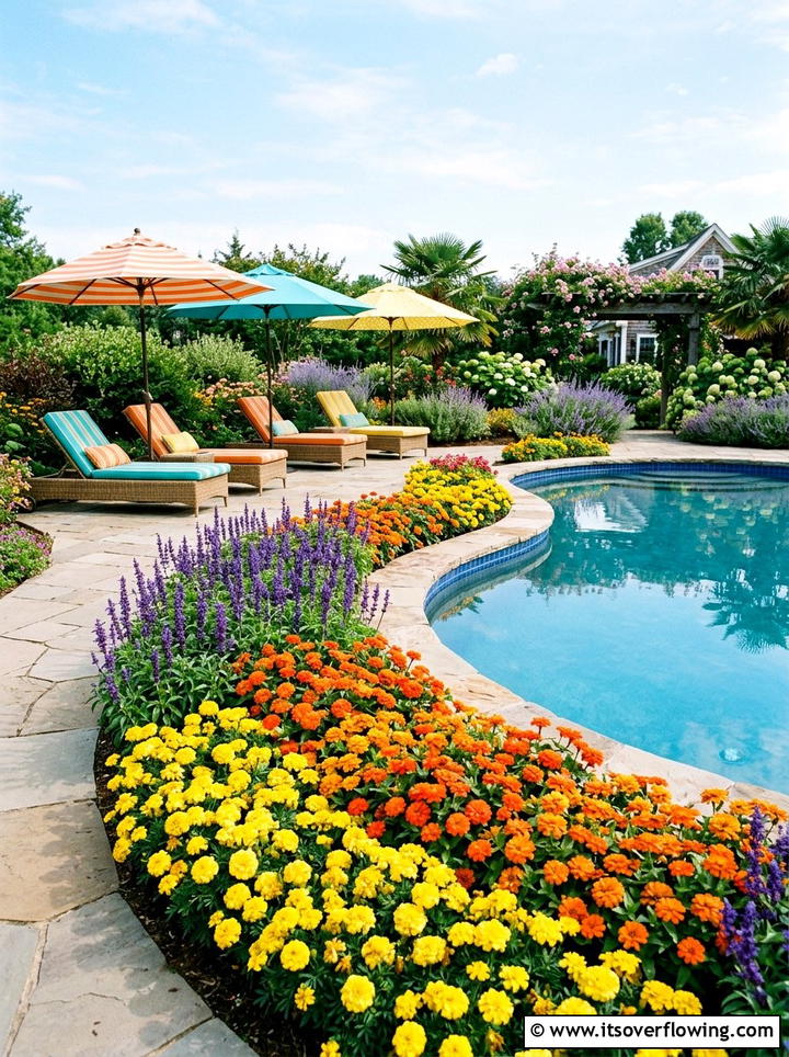 Colorful poolside flower beds - 25 garden design ideas for pool areas