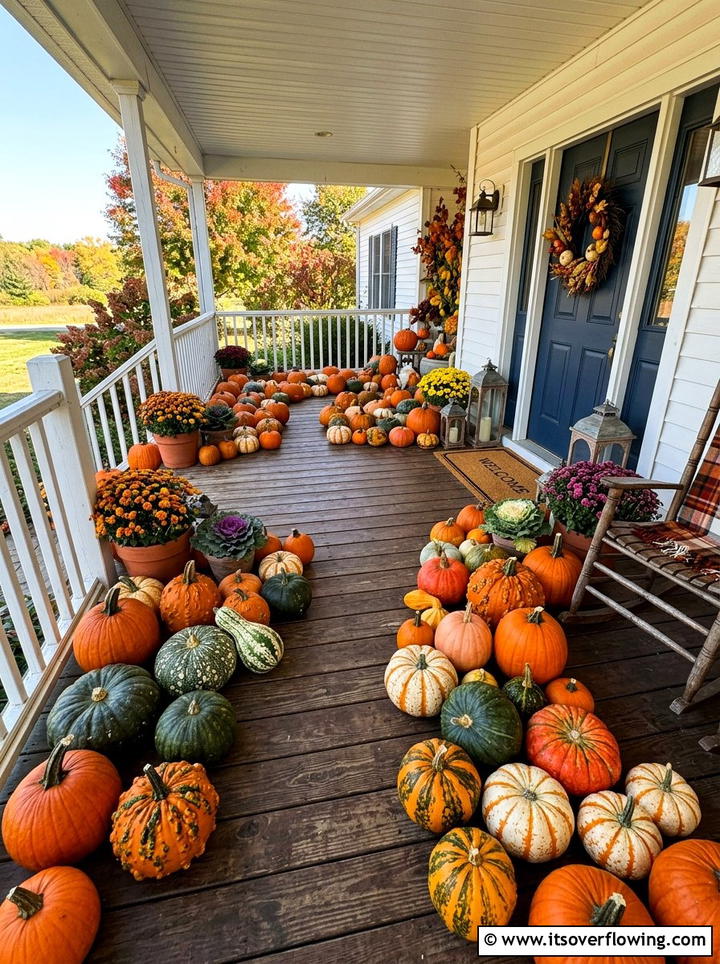 Colorful pumpkin assortment - 25 front porch decor ideas with real pumpkins
