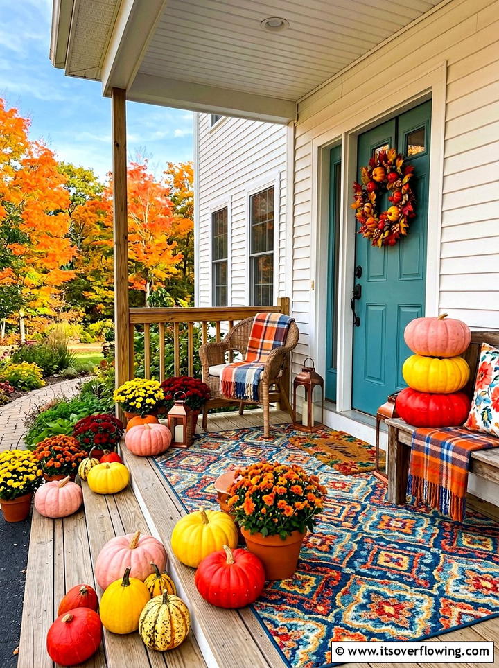 Colorful pumpkin porch - 25 front porch ideas with pumpkins