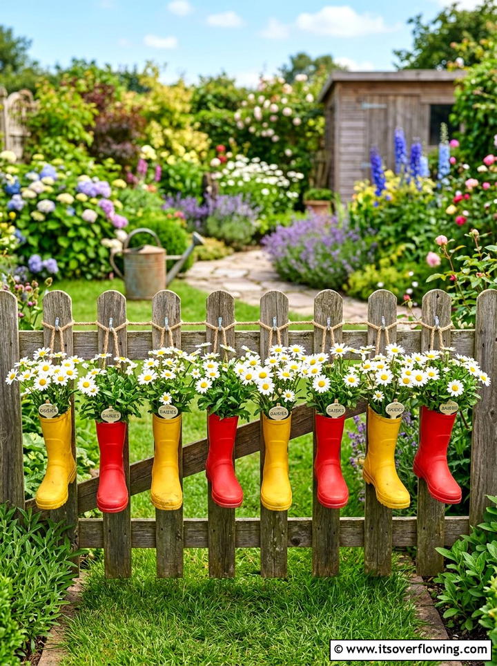 Colorful rain boot garden - 25 reusing old things ideas for vertical garden
