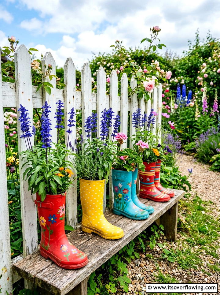 Colorful rain boot pots - 25 garden decor ideas with floral displays
