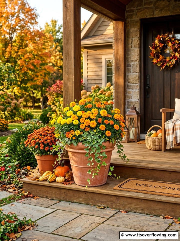 Colorful seasonal flowers with greenery - 25 front porch decor ideas with greenery