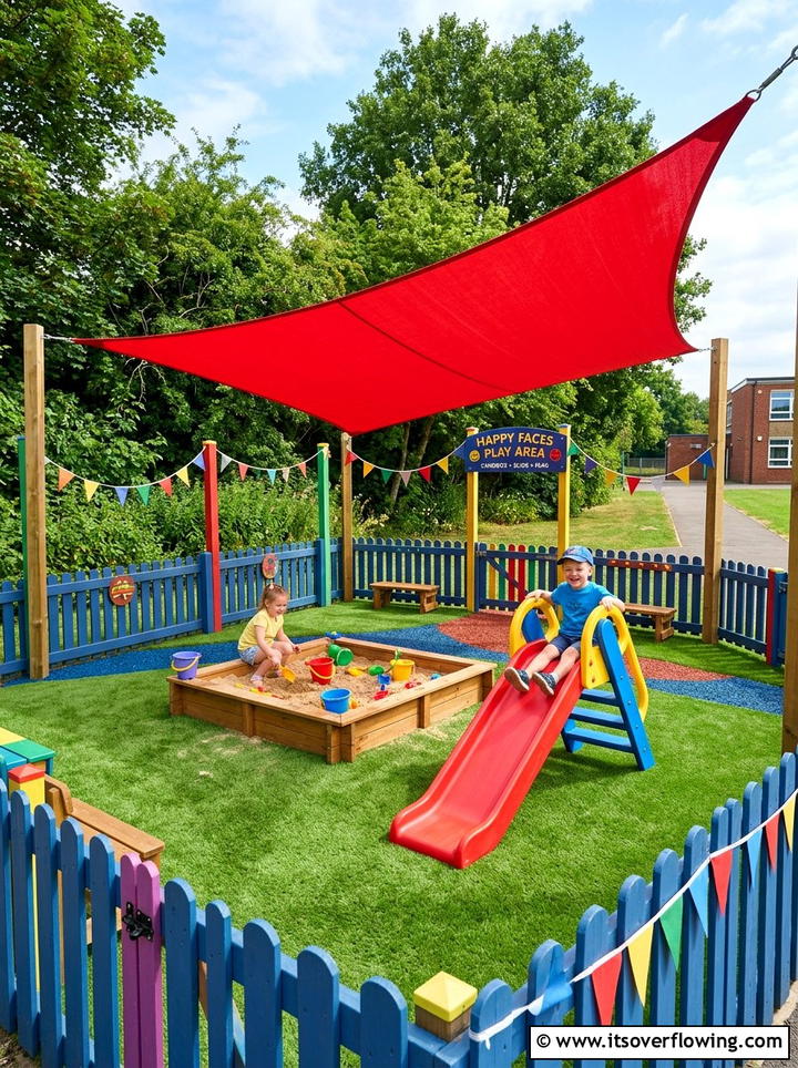 Colorful shade sail kids play area - 25 garden decor ideas with shade sails