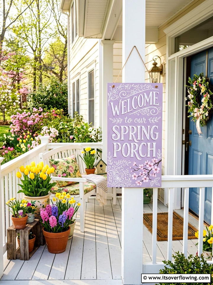 Colorful spring porch sign - 25 front porch ideas with signs and quotes
