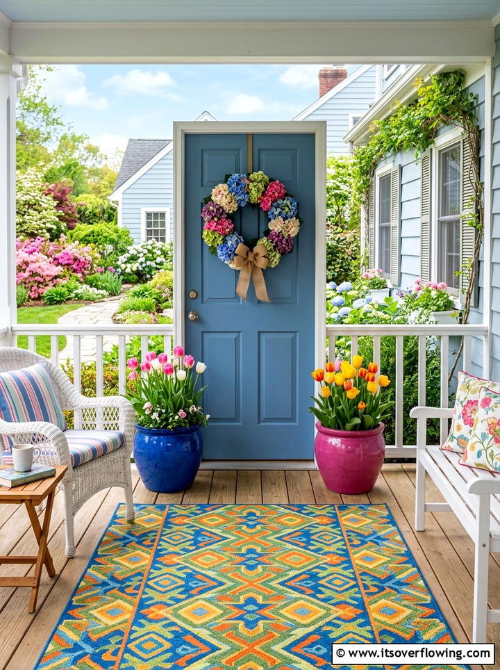 Colorful spring porch - 25 front porch decor ideas with floral wreath