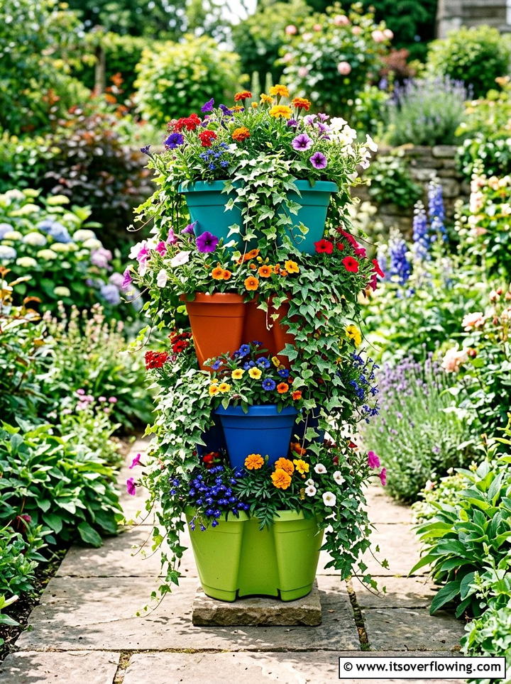 Colorful stackable tiered planter - 25 front porch ideas with painted pots