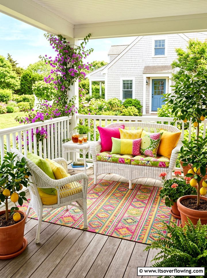 Colorful summer porch pillow arrangement - 25 front porch decor ideas with pillows