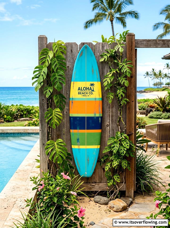 Colorful surfboard decor - 25 backyard decorating ideas with tropical accents