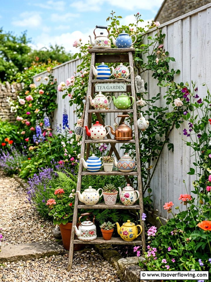 Colorful teapot garden display - 25 upcycled garden ideas with old kettles