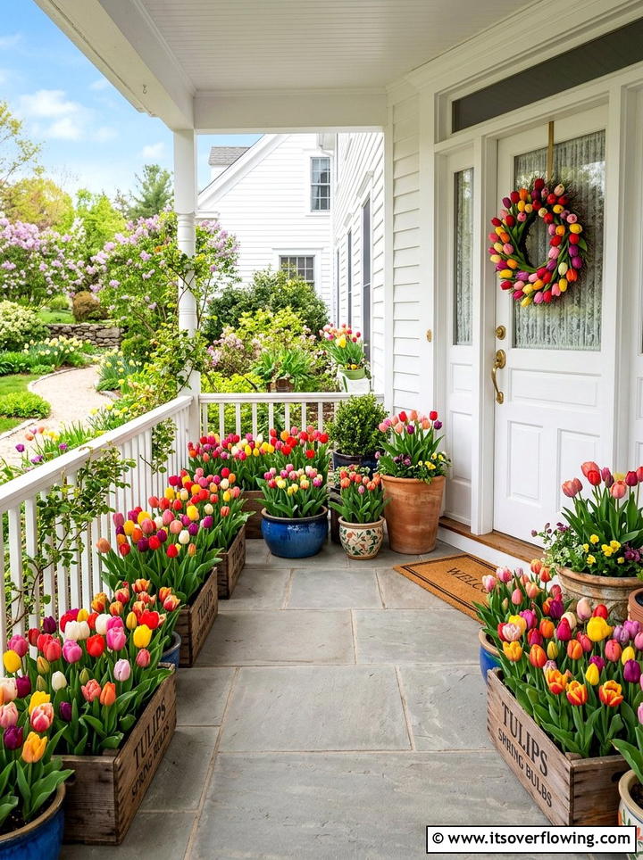 Colorful tulip porch - 25 front porch ideas with spring decor