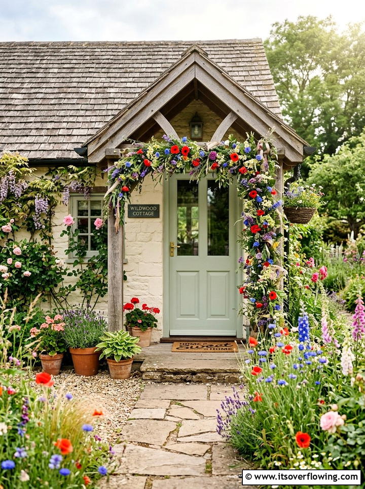 Colorful wildflower front porch garland - 25 front porch ideas with floral garland