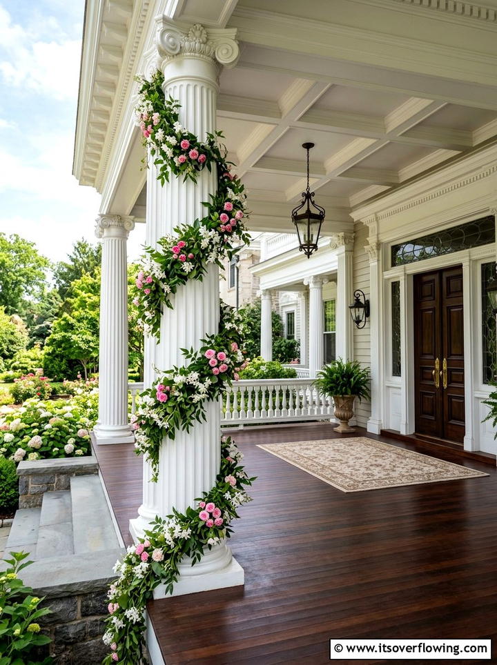 Column wrapped floral garland - 25 front porch ideas with floral garland