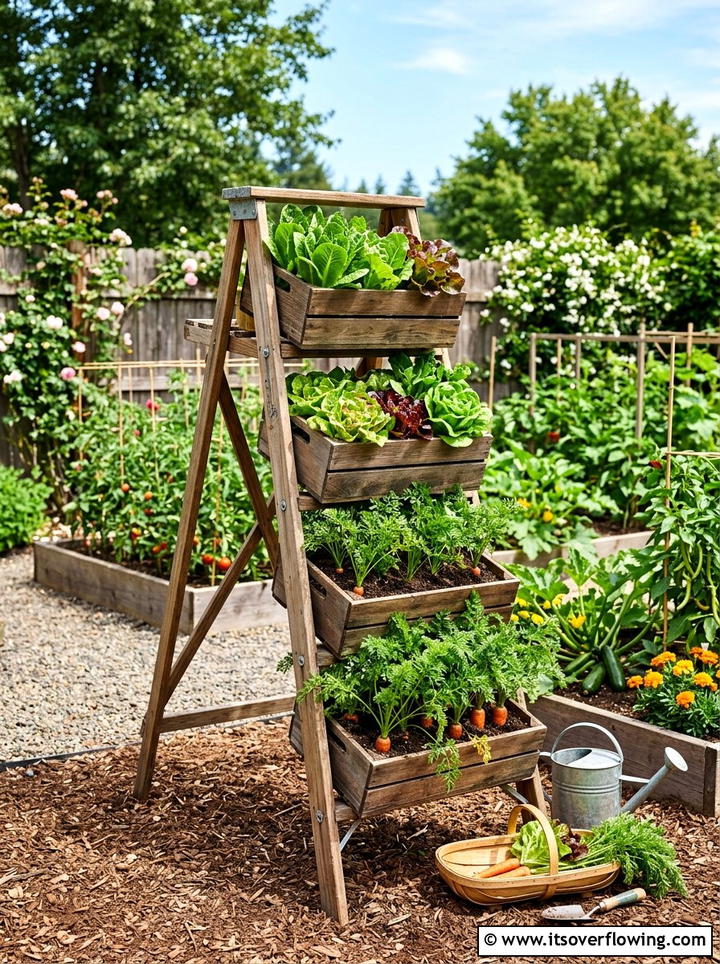 Compact balcony ladder garden - 25 upcycled garden ideas with ladder shelves