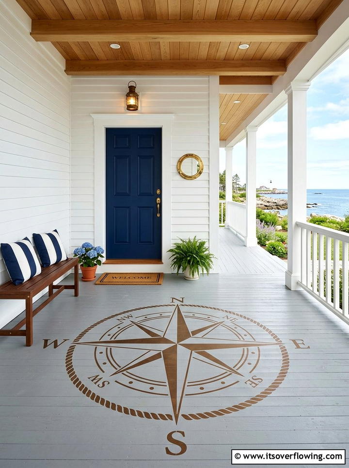 Compass Rose Floor Stencil - 25 front porch ideas with stenciled floor