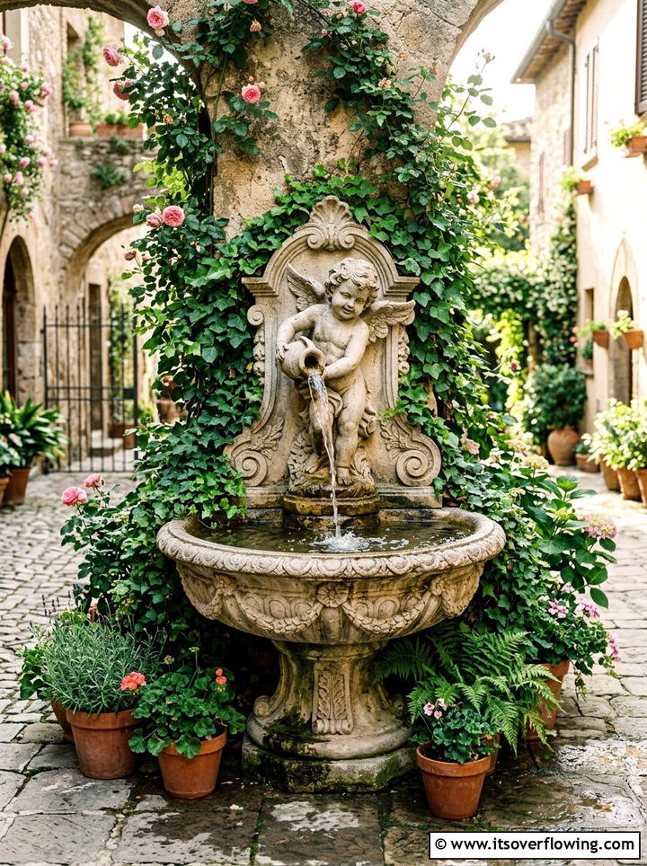 Concrete Cherub Fountain - 25 backyard decorating ideas with statues