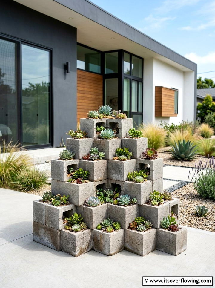 Concrete Cinder Block Planter - 25 upcycled garden ideas for front yards