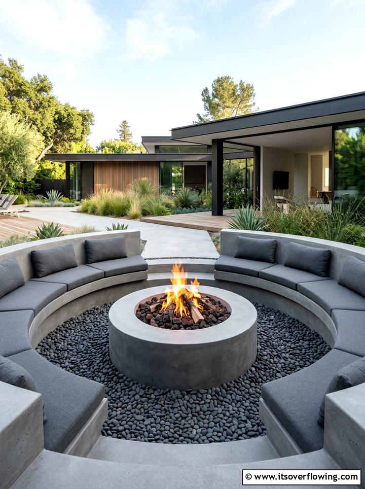 Concrete Fire Pit Lounge - 25 backyard ideas with built in seating