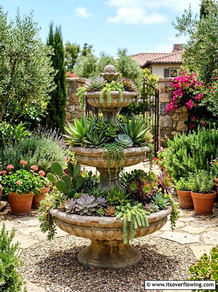 Concrete Fountain Planter - 25 upcycled garden ideas with succulent planters
