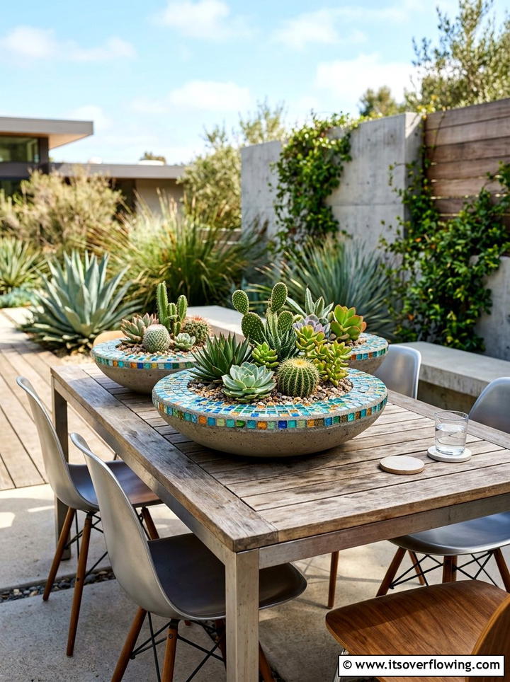 Concrete Mosaic Succulent Bowls - 25 creative garden ideas with mosaic planters
