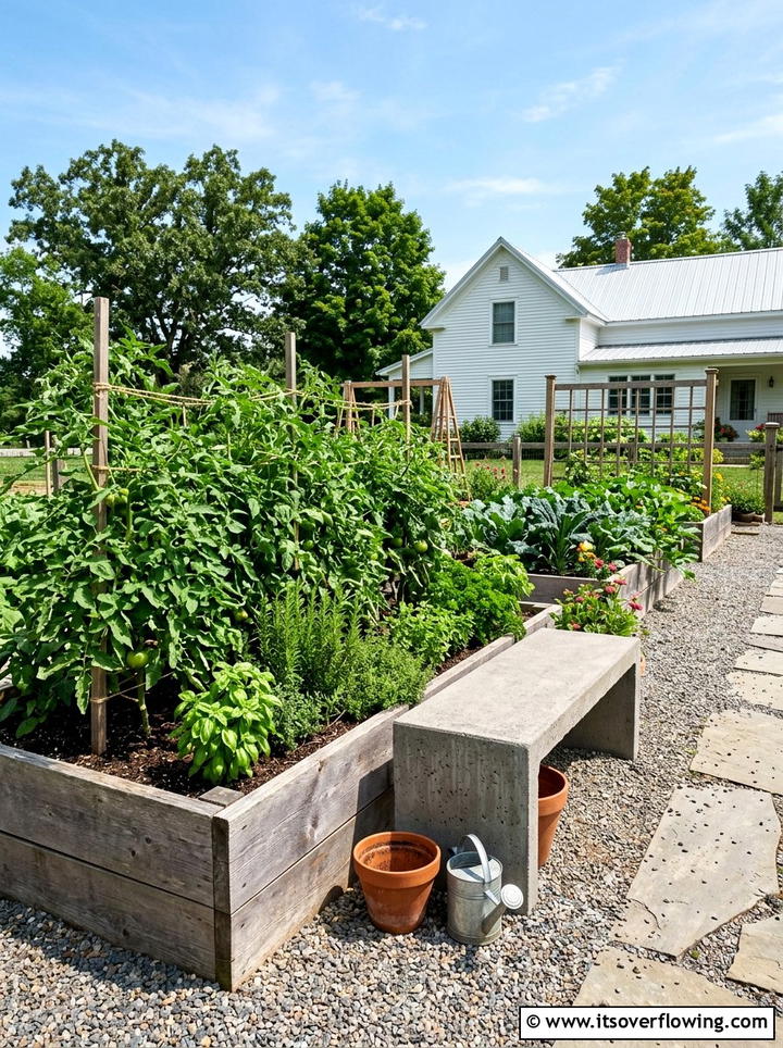 Concrete bench for vegetable garden - 25 backyard ideas with concrete bench