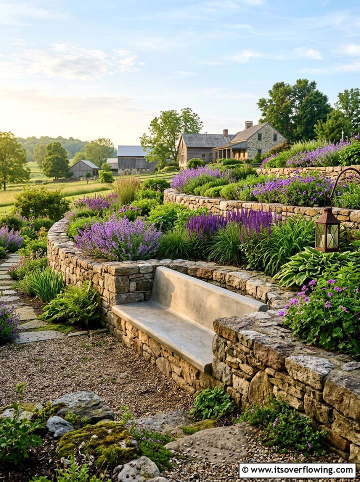 Concrete bench integrated into retaining wall - 25 backyard ideas with concrete bench