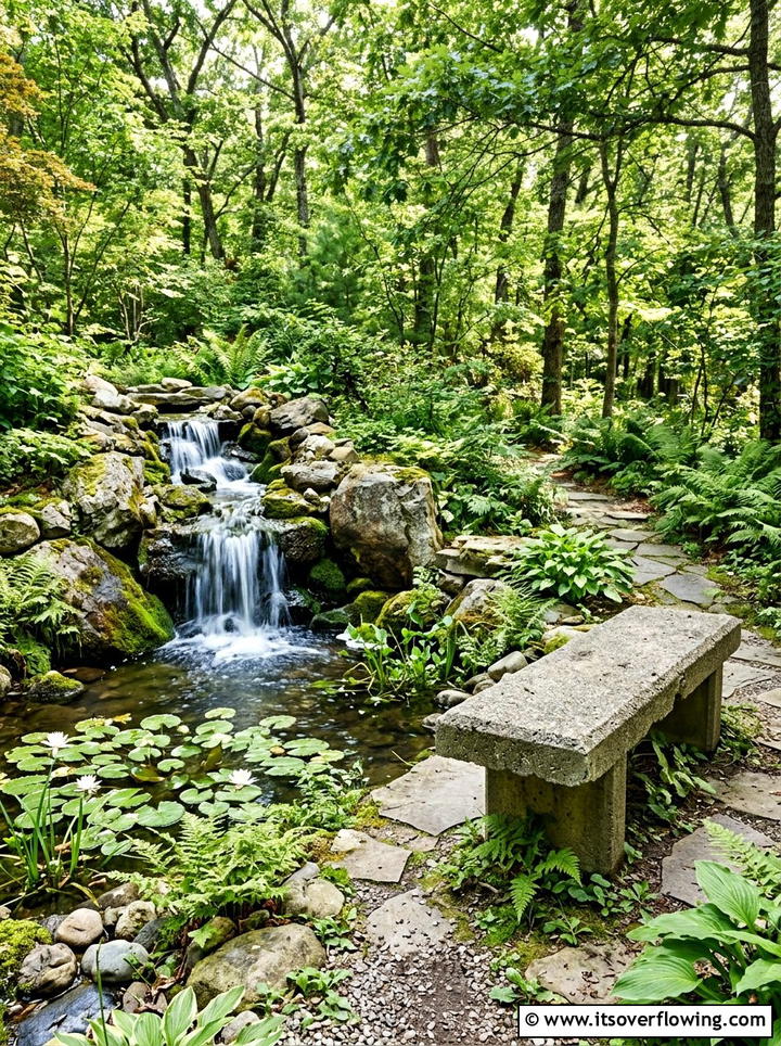 Concrete bench near waterfall feature - 25 backyard ideas with concrete bench