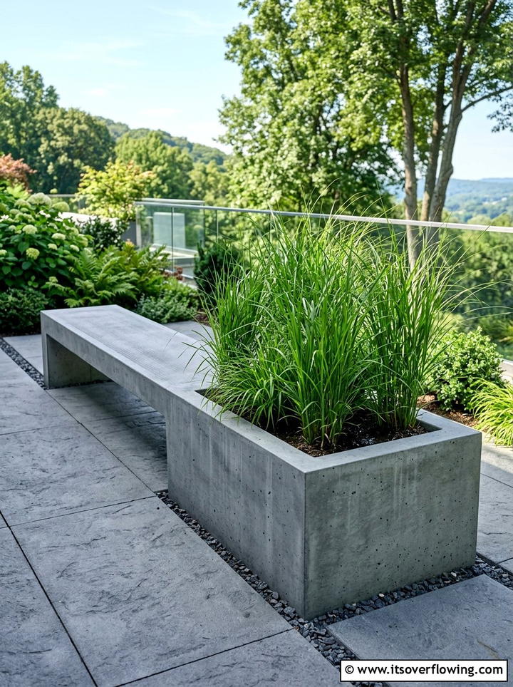 Concrete bench with built in planter - 25 backyard ideas with concrete bench