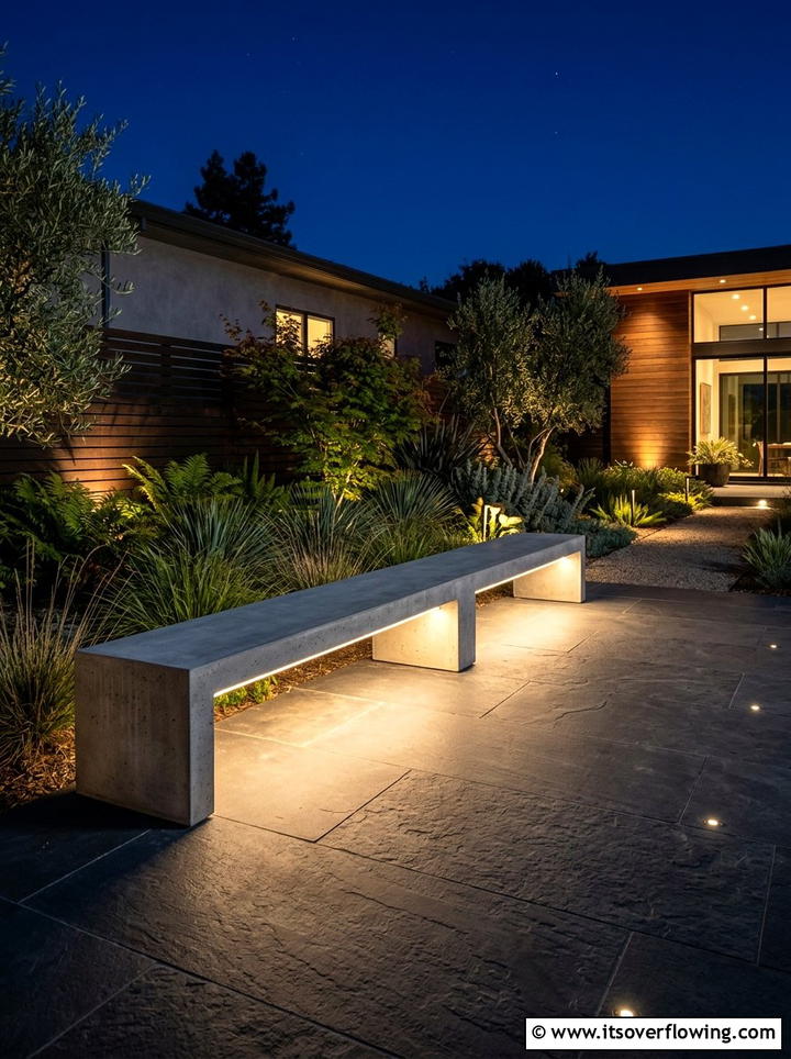 Concrete bench with outdoor lighting - 25 backyard ideas with concrete bench