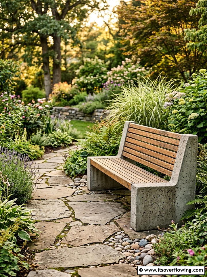 Concrete bench with wood slat seat - 25 backyard ideas with concrete bench