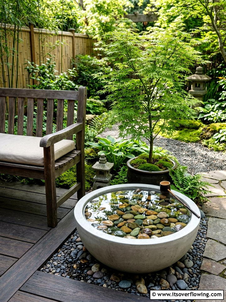 Concrete bowl with river rocks - 25 garden decor ideas with water bowls