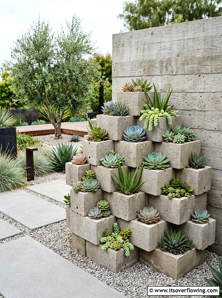 Concrete cinder block planter - 25 upcycled garden ideas with watering stations