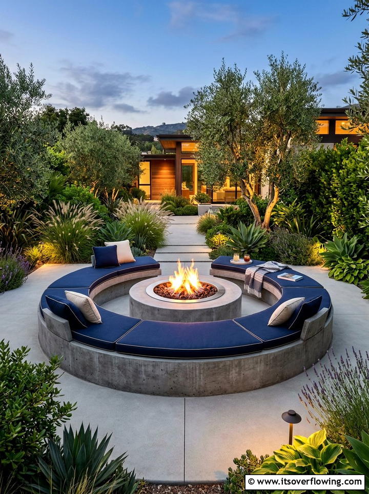 Concrete fire pit with cushions - 25 garden ideas with fire pit