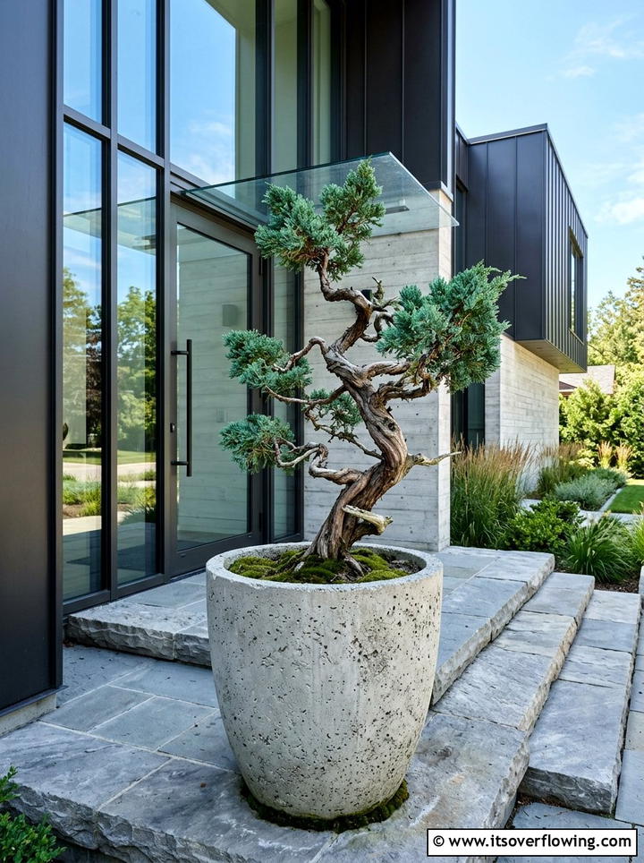 Concrete planter with juniper tree - 25 front porch decor ideas with mini trees