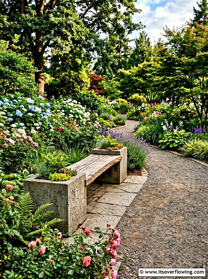 Concrete planter with wooden bench - 25 garden ideas with concrete planters