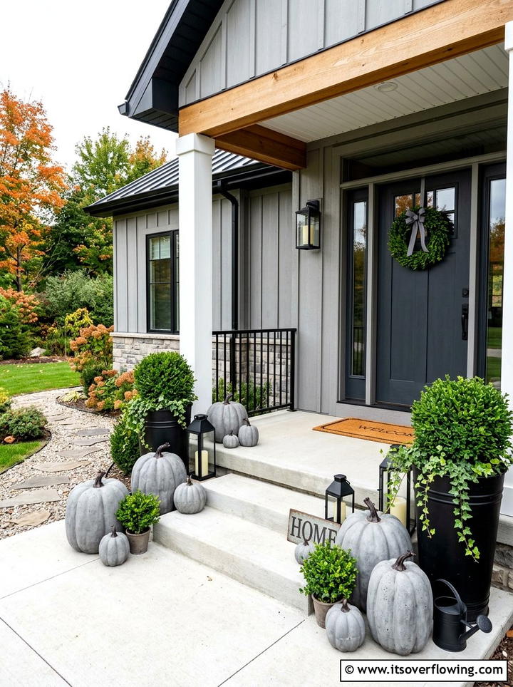 Concrete pumpkin porch - 25 front porch decor ideas with fake pumpkins