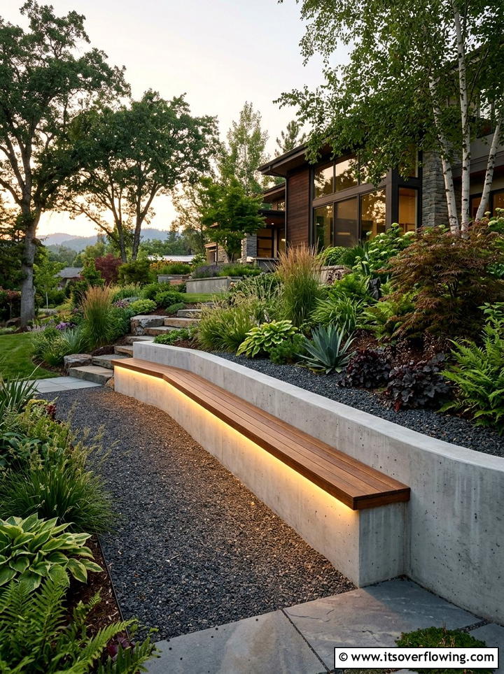 Concrete retaining wall seating - 25 backyard ideas with benches
