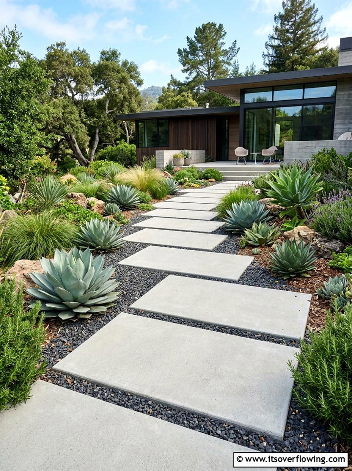 Concrete slab path in modern landscape - 25 creative garden ideas with secret pathways