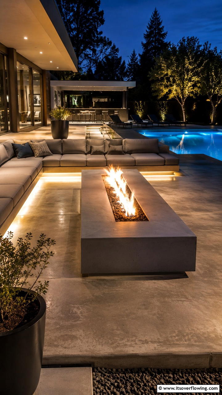 Concrete with Fire Pit Features - 20 Stylish Concrete Pool Deck Ideas for Your Backyard