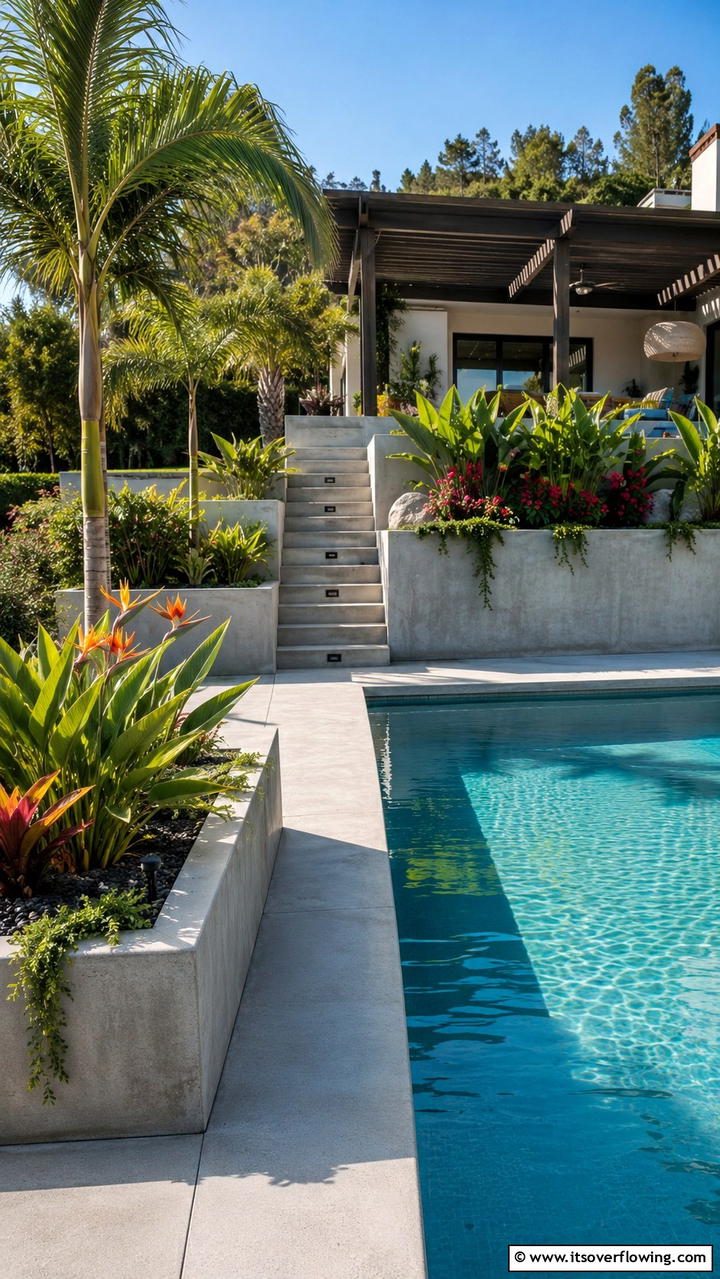 Concrete with Integrated Planters - 20 Stylish Concrete Pool Deck Ideas for Your Backyard