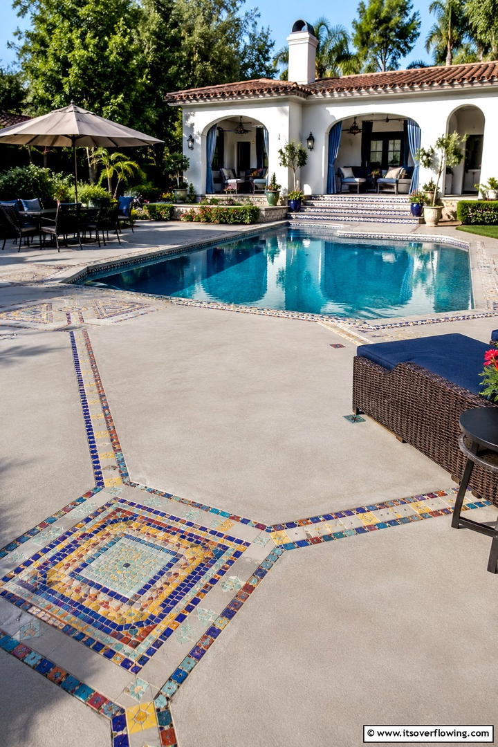 Concrete with Mosaic Inlays - 20 Stylish Concrete Pool Deck Ideas for Your Backyard
