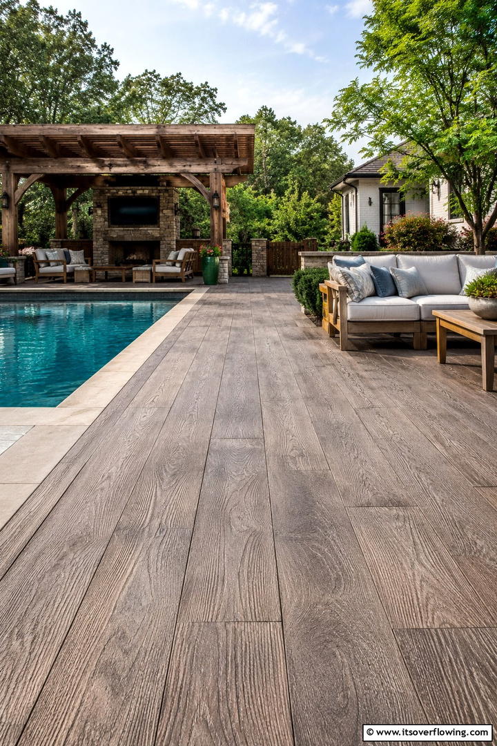 Concrete with Wood Plank Stamping - 20 Stylish Concrete Pool Deck Ideas for Your Backyard