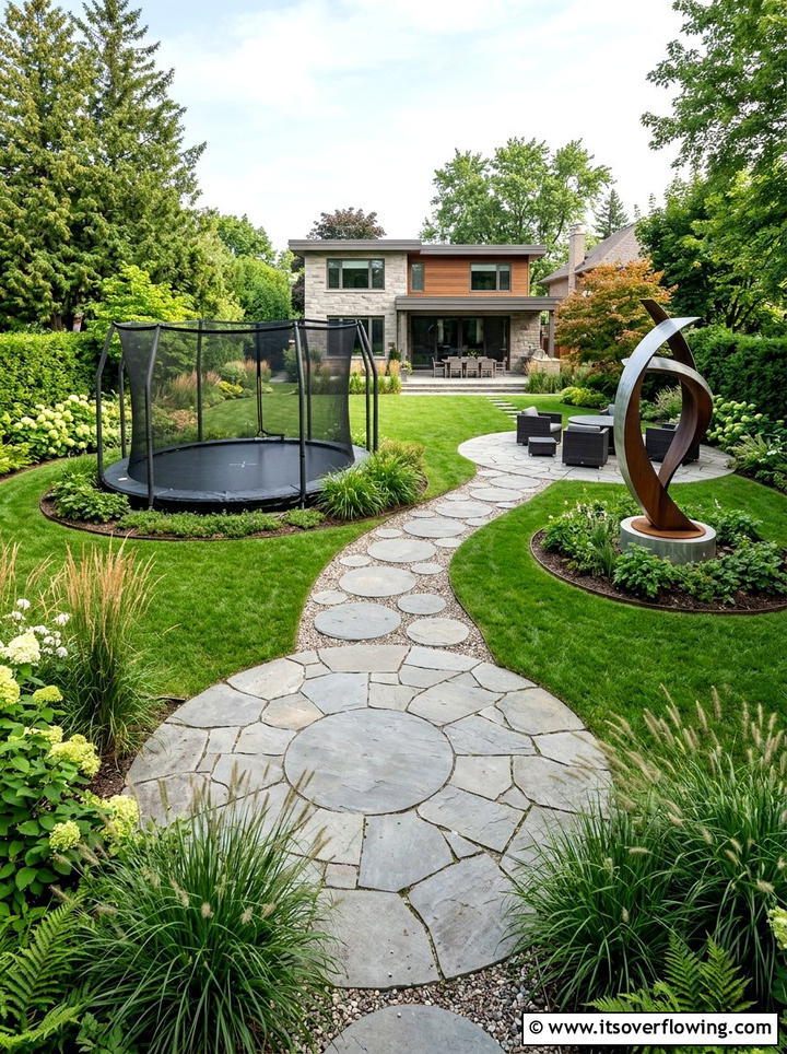 Contemporary Backyard With Circular Trampoline - 25 backyard ideas with trampoline zone