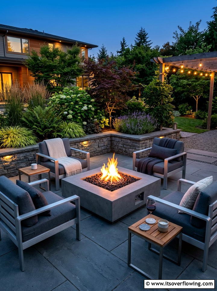 Contemporary Fire Pit - 25 backyard ideas with low maintenance plants