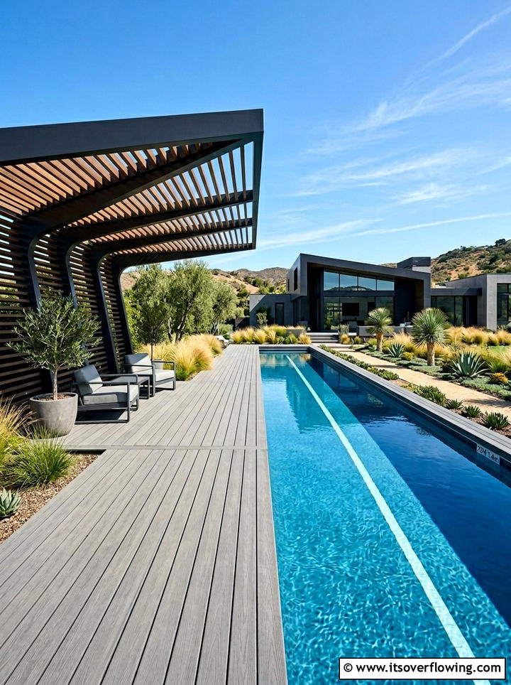 Contemporary Lap Pool With Cantilevered Pergola - 25 backyard ideas with pool and pergola