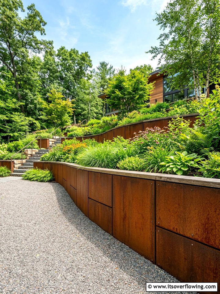 Contemporary Metal Retaining Wall - 25 backyard ideas with retaining wall