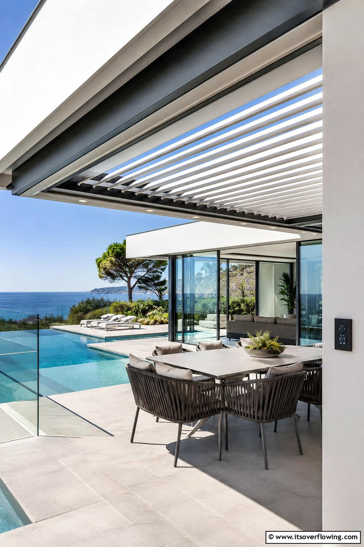 Contemporary Motorized System for Effortless Control - 30 Pool Shade Ideas for a Cool and Relaxing Oasis