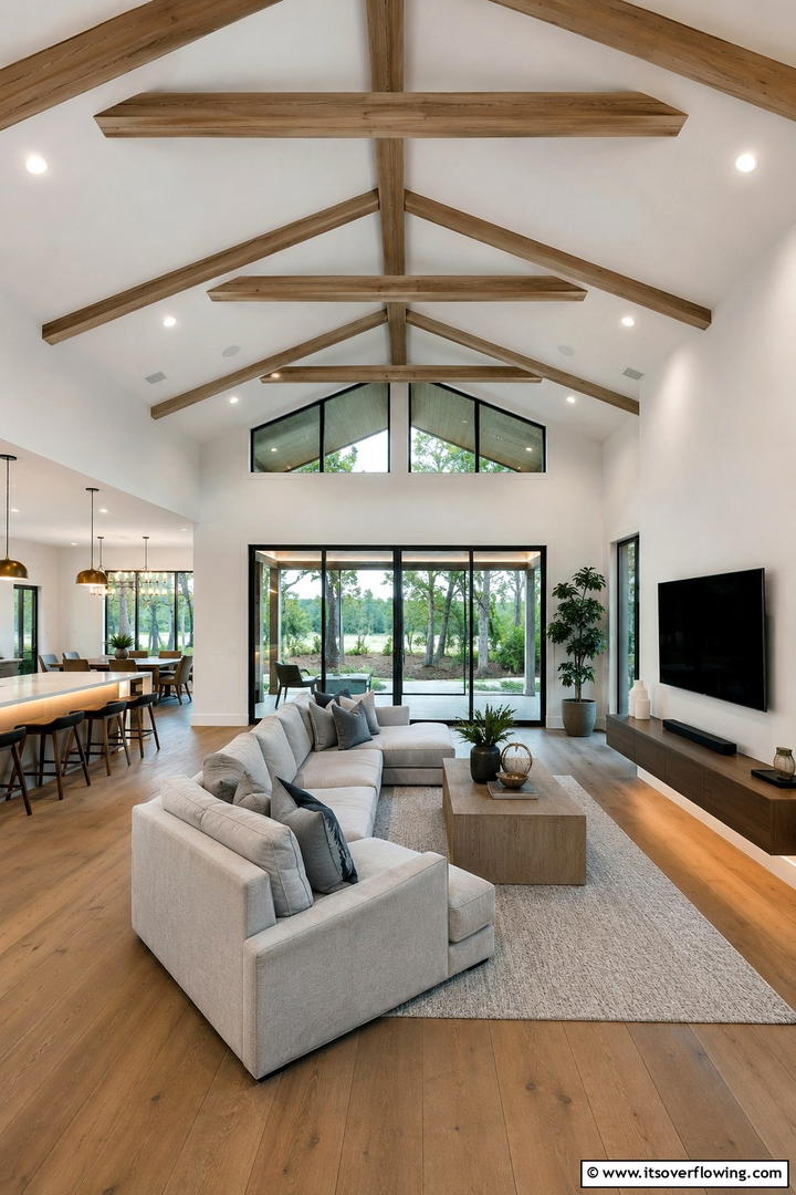 Contemporary Open Living Area - 30 Vaulted Ceiling Ideas with Beams for Dramatic Room Designs