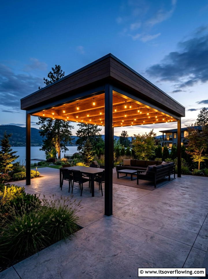 Contemporary Pavilion Dimmable Lights - 25 backyard decorating ideas with pergola string lights